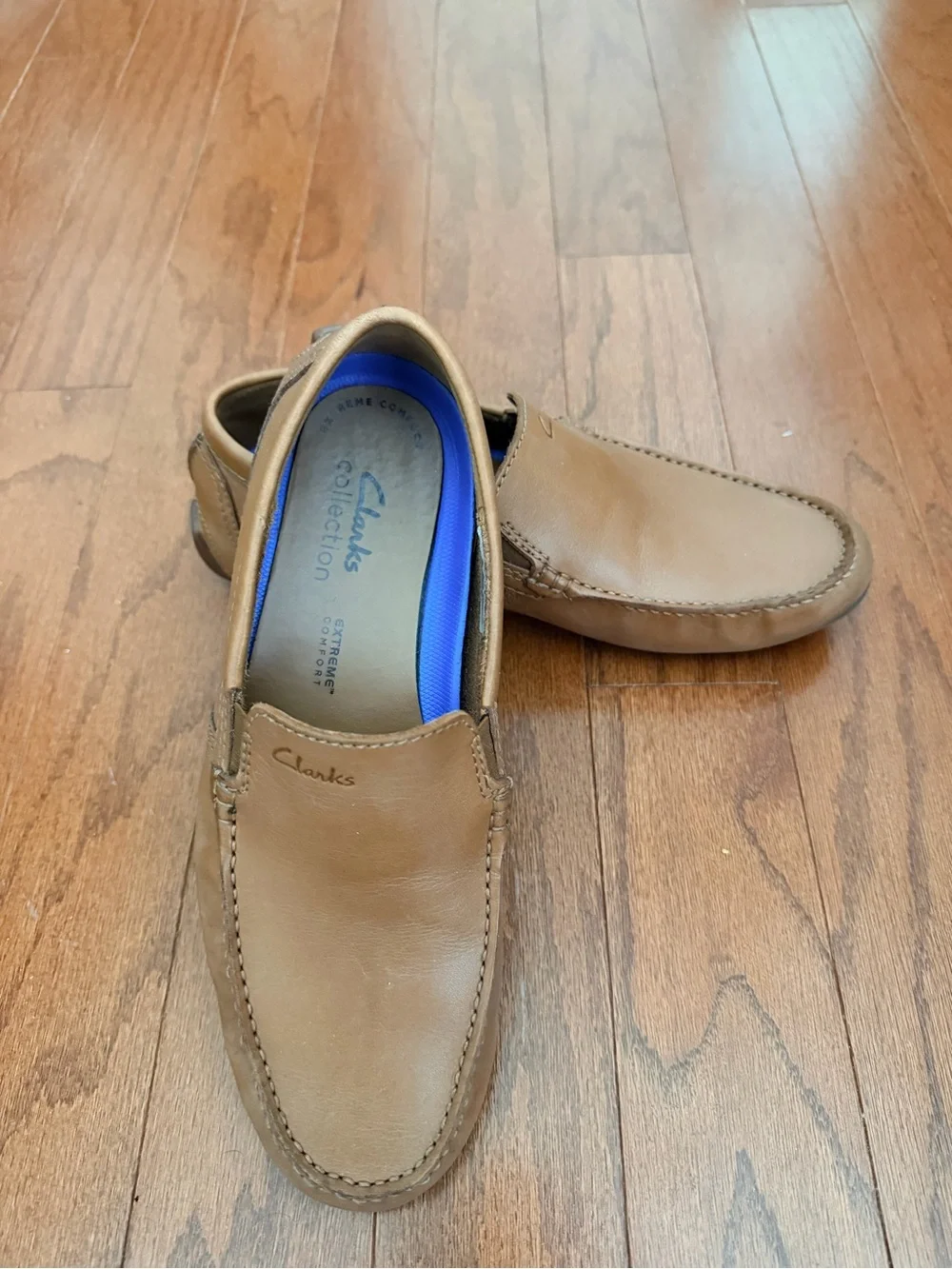Clarks Tan Leather Slip-On Loafers with Blue Insole